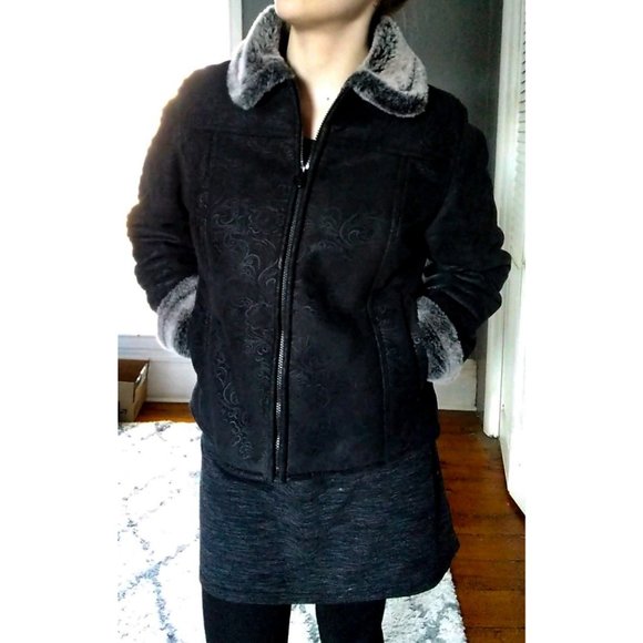 📢 FREE SHIP 📢 Tooled leather coat🔥fur-lined black Outback Trading Co. jacket - Picture 2 of 9